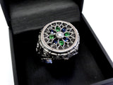 Men's Custom Silver Mosaic Ring With White and Black Diamonds Blue Sapphires