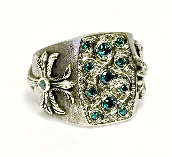 Men's Custom Hand Engraved Silver Ring With Blue Diamods By Sacred Angels