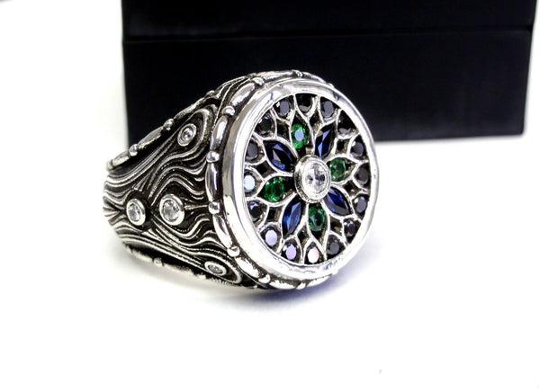 Men's Custom Silver Mosaic Ring With White and Black Diamonds Blue Sapphires