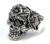 Men's 14 K White Gold Floral Skull  Ring With Black Diamonds 2.50 ct.