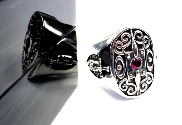 Men's Silver The Knight Of Honor Shield Ring Ruby by Sacred Angels