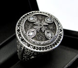 King Arthur's Custom Engraved Knight's Ring With Black And White Diamonds