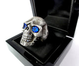 Silver Skull ring with blue sapphires and black diamonds 