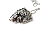 Silver Skull Fleur De Li Pendant With Black Diamonds by Sacred Angels