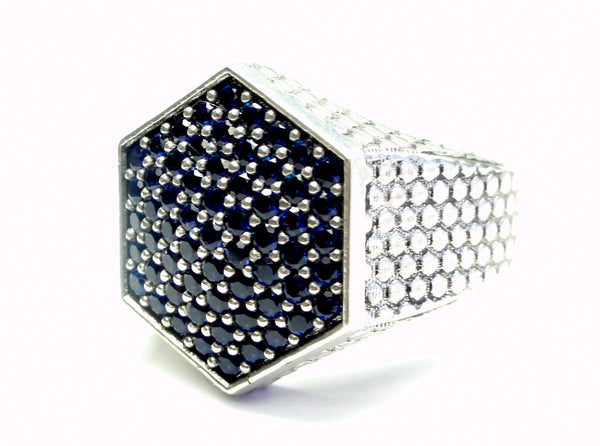 Men's 14 K Gold Custom Hexagon Ring With Blue Sapphires by Sacred Angels