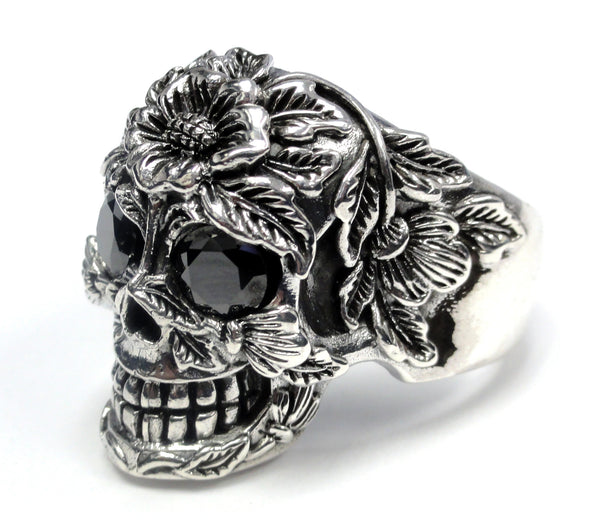 Silver Floral Skull Ring With Black Diamonds 2.20 ct.