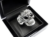 Silver Floral Skull Ring With Black Diamonds 2.20 ct.