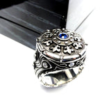 Silver Fleur De Li Ring With Diamonds And Blue Sapphire By Sacred Angels