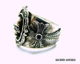 Men's Silver Skull Cross Ring With Black Diamonds by Sacred Angels