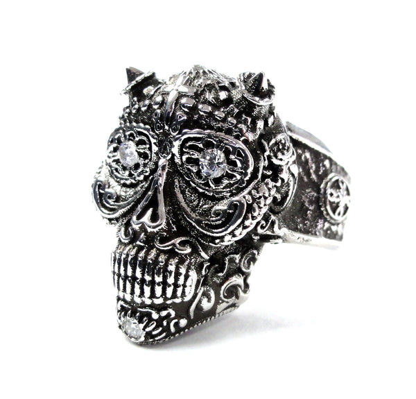 Day Of The Dead Skull Ring With Natural Diamonds By Sacred Angels