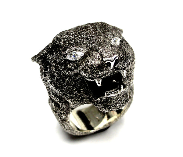 Men's Black Panther Heavy Silver Ring With White Diamonds By Sacred Angels