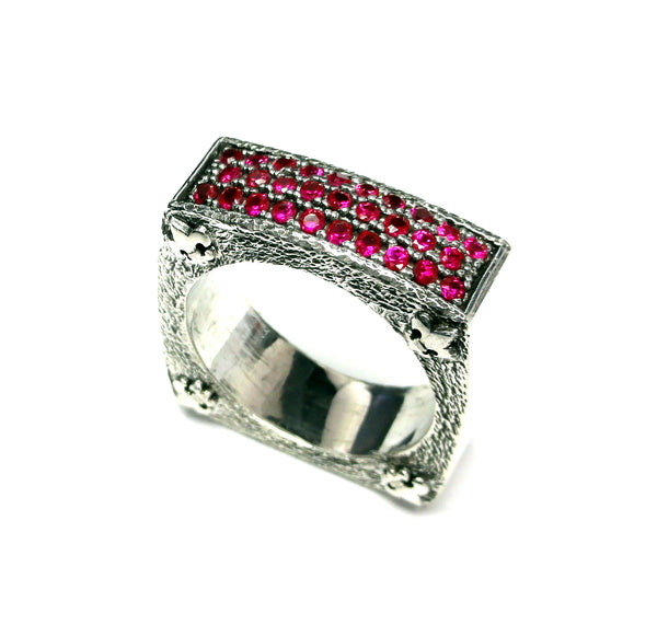 Men's Textured Silver Wedding Band With Rubies By Sacred Angels