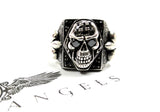 Men's Silver Skull Fleur De Lis Ring With Black Diamonds by Sacred Angels
