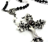 Men's Silver Skull Black Diamond Cross Rosary Pendant by Sacred Angels