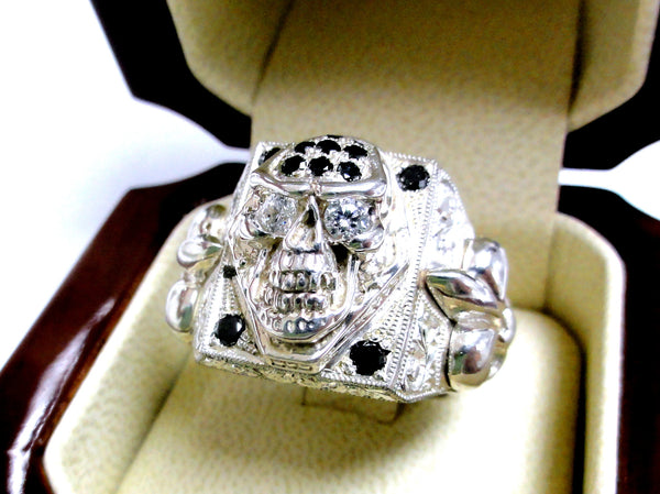 Men's Silver Skull Fleur De Lis Ring With Black And White Diamonds