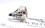 Men's Silver Fleur De Li King Castle Ring With Black Diamonds And Rubies