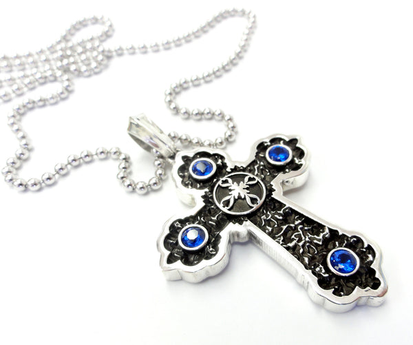 Large Silver Gothic Cross Pendant With Blue Sapphires