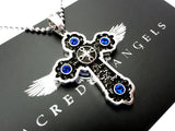 Large Silver Gothic Cross Pendant With Blue Sapphires