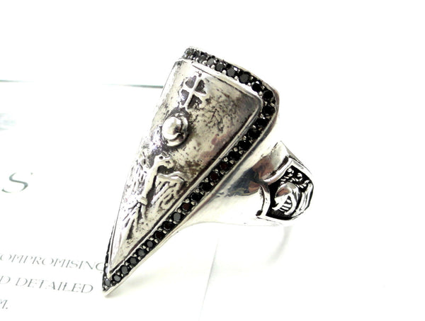Men's Silver Eagle Knight Cross Shield Ring With Black Diamonds by Sacred Angels