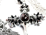 Men's Silver Skull Black Diamond Cross Pendant Necklace by Sacred Angels
