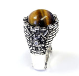 Men's Silver King's Night Watch Ring With White Diamonds And Tiger Eye Center