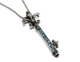 Blue Diamond Fleur De Lis Silver Key Pendant Hand Engraved By Sacred Angels