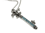 Blue Diamond Fleur De Lis Silver Key Pendant Hand Engraved By Sacred Angels