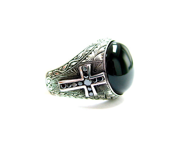 Men's Hand Engraved Silver Cross Ring With Black Diamonds by Sacred Angels