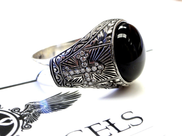 Men's Custom Hand Engraved Cross Ring With Black Diamonds By Sacred Angels