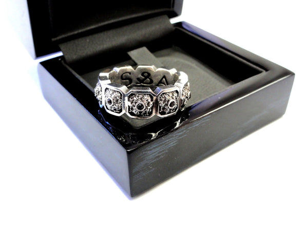 Men's Silver Eternity Black Diamond Wedding Band Ring by Sacred Angels