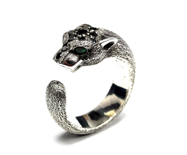 14K White Gold Panther Ring With Black Diamond by Sacred Angels