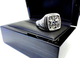 Men's Silver Cross Hand Engraved Ring With Black Diamonds by Sacred Angels